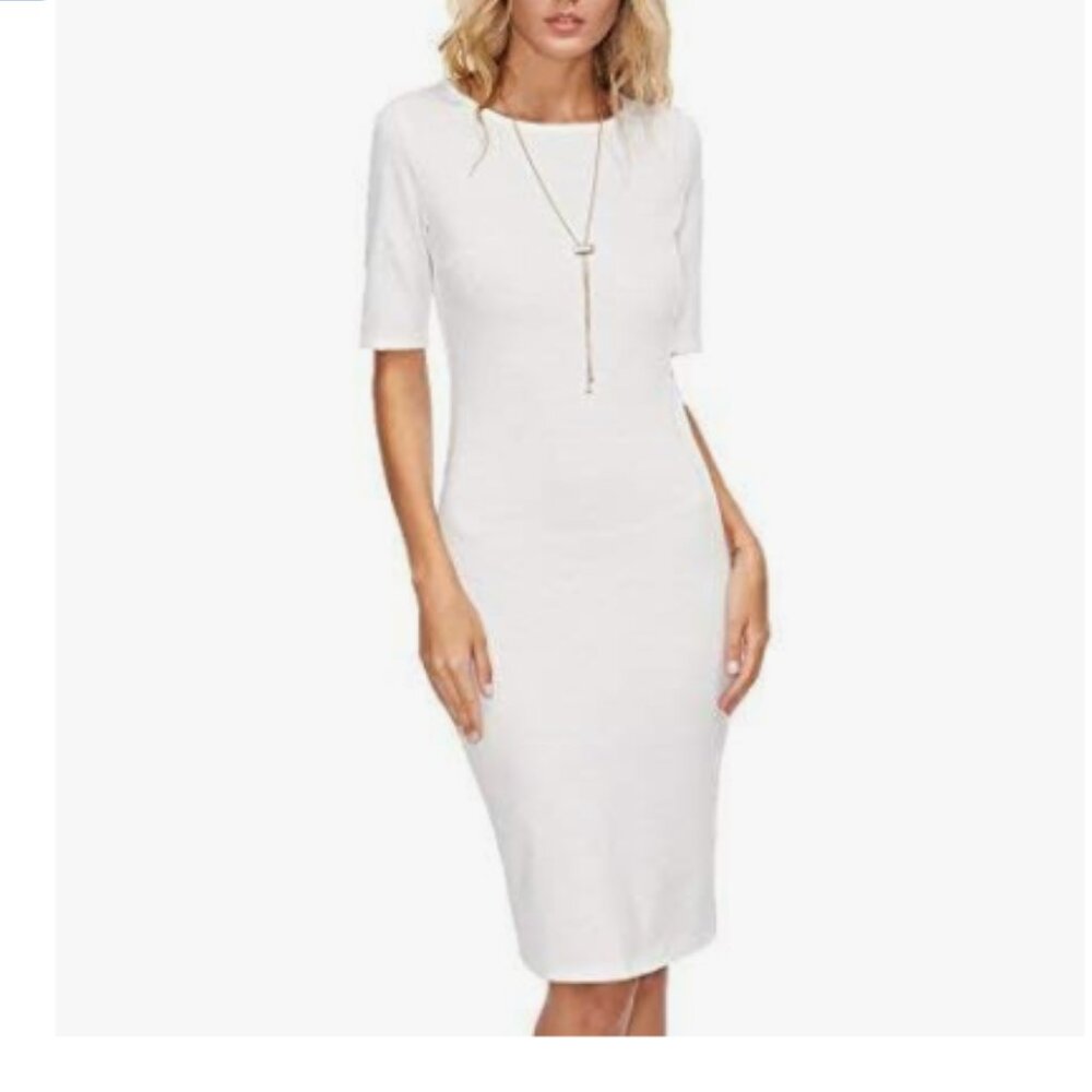 White Short Sleeve Elegant Sheath Solid Pencil Bodycon Dress